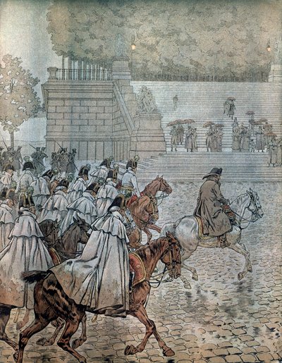 Německé tažení v roce 1813: Napoleon I. Bonaparte (1769-1821) a jeho generální štáb (štáb) se po vítězství v bitvě 26. a 27. srpna vrátili do Drážďan. Ve filmu „Napoleon“ od Georgese Montorgueila. Ilustrace Jacques Marie Gaston Onfray de Breville dit J od pseudonym for Onfray de Breville Jacques Job