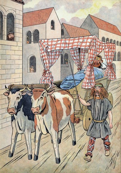 Dějiny Francie. Scéna zobrazující líné krále v hračkách: Francouzský král Thierry III. (673-691) nese v nádrži s postelí taženou voly. V “” Joujoux a l