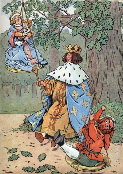 Dějiny Francie. Scéna ze života Saint Louis v hračkách: Král Ludvík IX. známý jako Saint Louis (1214-1270) podávající spravedlnost na úpatí dubu. V “” Joujoux a l