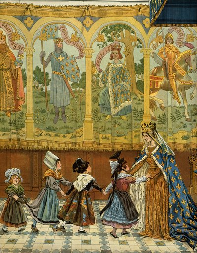 Historie Francie ve středověku (středověk): Alegorie francouzských provincií doložená korunou Francie za vlády krále Ludvíka XI. zvaného Prudent (1423-1483). Ilustrace Jacques Marie Gaston Onfray de Breville dit JOB (1858-1931 od pseudonym for Onfray de Breville Jacques Job