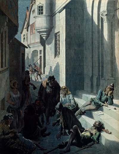 Dějiny Francie ve středověku (středověk): Francois de Montcorbier známý jako Francois Villon (1431-1463?), básník, komponující svá díla v bídě pařížských ulic. Ilustrace Jacques Marie Gaston Onfray de Breville dit JOB (1858-1931) od pseudonym for Onfray de Breville Jacques Job