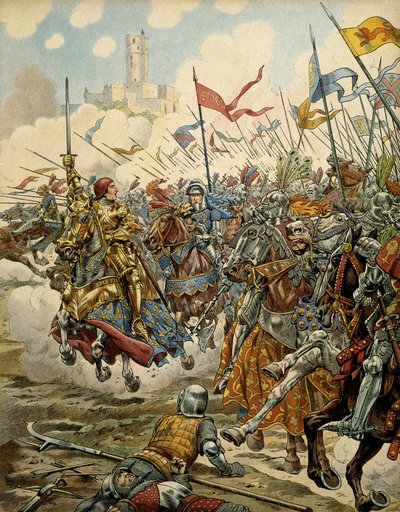 Historie Francie ve středověku (středověk): Král Ludvík XI. zvaný Rozvážný (1423-1483) v čele své armády během bitvy u Montlery proti Ligue du Bien Public, 16. července od pseudonym for Onfray de Breville Jacques Job