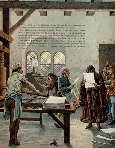 Historie Francie ve středověku (středověk): Francouzský král Ludvík XI. zvaný Rozvážný (1423-1483) podpořil růst polygrafického průmyslu. Král navštívil Sorbonnu za přítomnosti typografů Ulricha Geringa (Guerinch nebo Guernich od pseudonym for Onfray de Breville Jacques Job
