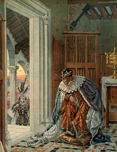 Historie Francie ve středověku (středověk): Francouzský král Ludvík XI. říká, že Rozvážný (1423-1483) se bojí smrti přicházející v brnění na prahu. Ilustrace Jacques Marie Gaston Onfray de Breville dit JOB (1858-1931) od pseudonym for Onfray de Breville Jacques Job