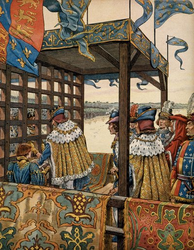 Historie Francie ve středověku (středověk): setkání mezi francouzským králem Ludvíkem XI. známým jako Prudent (1423-1483) a Edwardem IV. z Anglie (1442-1483) v Picquigny k podepsání sedmiletého trestu dne 29. srpna od pseudonym for Onfray de Breville Jacques Job