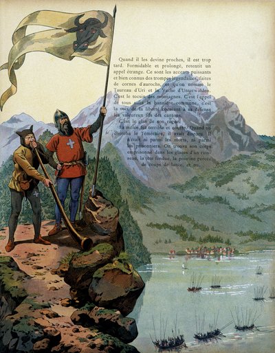 Historie Francie ve středověku: vojska Karla Temeraire (1433-1477), vévody burgundského, vstoupila do země Vaud ve Švýcarsku. Ilustrace Jacques Marie Gaston Onfray de Breville dit JOB (1858-1931) od pseudonym for Onfray de Breville Jacques Job