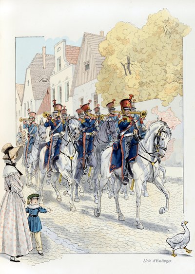 Ilustrace z knihy „A la Glory des Betes““, text A Fabre, kresby Jacques Marie Gaston Onfray de Breville dit JOB (1858-1931), nakladatel Maison Alfred Mame et fils: L’oie d’Esslingen (v roce 1833, maskot pluku, ona pochoduje v hlavě, Collect od pseudonym for Onfray de Breville Jacques Job
