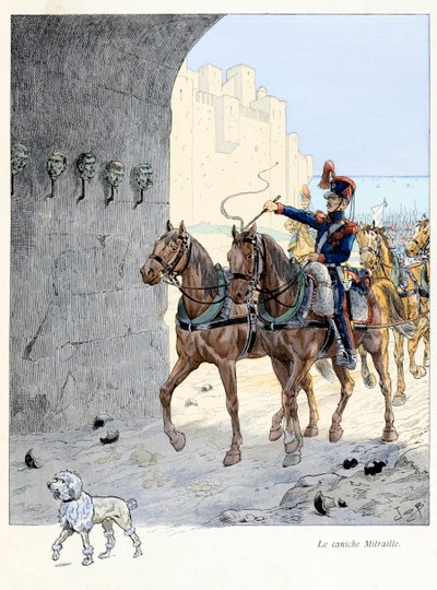 Ilustrace z knihy „A la gloire des betes““ text od A Fabre, kresby Jacques Marie Gaston Onfray de Breville dit JOB (1858-1931), nakladatel Maison Alfred Mame et fils: The Mitraille pudl (prostý pudl ve 2. dělostřelectvu pluku, byl th od pseudonym for Onfray de Breville Jacques Job