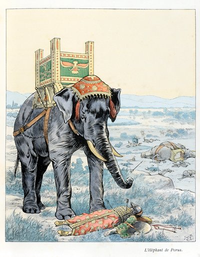 Ilustrace z knihy „A la gloire des betes““, text A Fabre, kresby Jacques Marie Gaston Onfray de Breville dit JOB (1858-1931), nakladatel Maison Alfred Mame et fils: Slon z Porus (v bitvě u Hydaspe v roce 328 př. Porus poražen o od pseudonym for Onfray de Breville Jacques Job