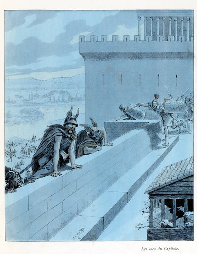 Ilustrace z knihy „A la Glory des Betes““, text A Fabre, kresby Jacques Marie Gaston Onfray de Breville dit JOB (1858-1931), editor Maison Alfred Mame et fils: Les goies du Capitole (890 př. n. l.), les Galové obležení Řím, částečná sbírka od pseudonym for Onfray de Breville Jacques Job