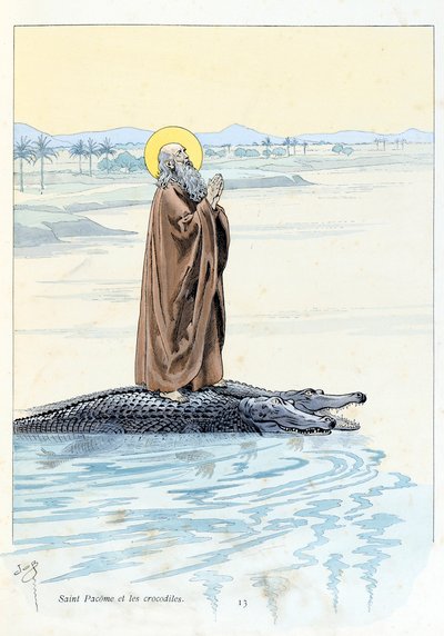 Ilustrace z knihy „A la Glory des Betes““, text A Fabre, kresby Jacques Marie Gaston Onfray de Breville dit JOB (1858-1931), editor Maison Alfred Mame et fils: Saint Pacome (abbe 292-348) a Krokodýli, soukromá sbírka od pseudonym for Onfray de Breville Jacques Job