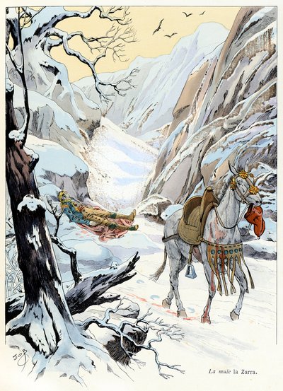 Ilustrace z knihy “A la Glory des Betes”” text od A Fabre, kresby Jacques Marie Gaston Onfray de Breville dit JOB (1858-1931), nakladatel Maison Alfred Mame a syn: La mule 