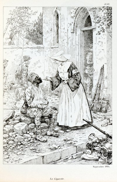 Ilustrace z knihy “La Grande Guerre par les artistes””: “” La cigarette Septembre 1914””” věřící dávající cigaretu zraněnému vojákovi od Jacquese Marie Gaston Onfray de Breville dit JOB (1858-1931), Částečná sbírka od pseudonym for Onfray de Breville Jacques Job