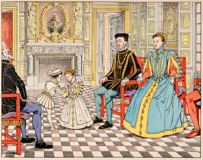 Ilustrace z knihy „Le bon roy Henri“, kterou ilustroval Jacques Marie Gaston Onfray de Breville dit JOB (1858-1931): Antoine de Bourbon ho vzal do Paříže a daroval ho svému bratranci Henrimu II., který mu nabídl ruku svého dcera Marguerite de od pseudonym for Onfray de Breville Jacques Job