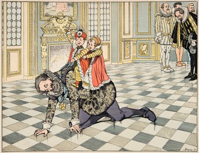Ilustrace z knihy „Le bon roy Henri“, kterou ilustroval Jacques Marie Gaston Onfray de Breville dit JOB (1858-1931): Před španělským velvyslancem si Henri IV hraje se svými dětmi - Soukromá sbírka od pseudonym for Onfray de Breville Jacques Job