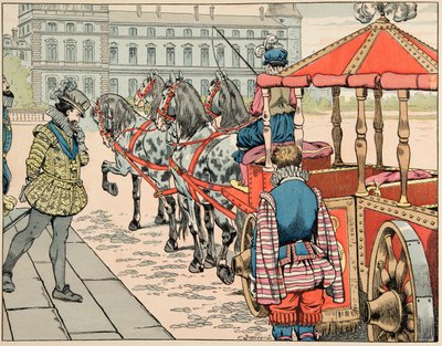 Ilustrace převzatá z knihy „Le bon roy Henri““, kterou ilustroval Jacques Marie Gaston Onfray de Breville dit JOB (1858-1931): Dne 14. května 1610 se Jindřich IV. uchýlil k jízdě ve svém nekrytém kočáru – Soukromá sbírka od pseudonym for Onfray de Breville Jacques Job