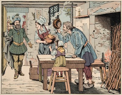 Ilustrace převzatá z knihy „Le bon roy Henri““, kterou ilustroval Jacques Marie Gaston Onfray de Breville dit JOB (1858-1931): Henri IV v rolnících, jíst kuře v hrnci - Soukromá sbírka od pseudonym for Onfray de Breville Jacques Job