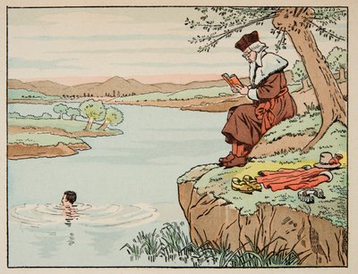 Ilustrace převzatá z knihy „Le bon roy Henri“, kterou ilustroval Jacques Marie Gaston Onfray de Breville dit JOB (1858-1931): Vzdělávání v 16. století: plavání - Soukromá sbírka od pseudonym for Onfray de Breville Jacques Job