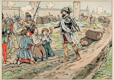 Ilustrace převzatá z knihy „Le bon roy Henri“, kterou ilustroval Jacques Marie Gaston Onfray de Breville dit JOB (1858-1931): Henri IV dává peníze a osvobozuje rolníky, kteří se pokusili do Paříže dostat jídlo - Soukromá sbírka od pseudonym for Onfray de Breville Jacques Job