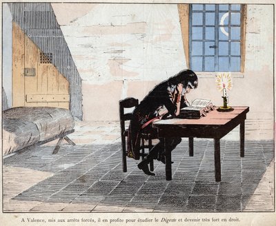 Ve Valencii (vězení) toho Napoleon využívá ke studiu Digest a stává se velmi silným v právu - Napoleon četl Digeste a posílil své znalosti práva - litografie Joba (Jacques Onfroy de Breville) z „“Le Grand Napoleon des Petites od pseudonym for Onfray de Breville Jacques Job