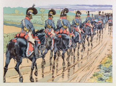 Jacques Marie Gaston Onfray de Breville zvaný JOB (1858 - 1931); Ilustrace z knihy „Les epees de France““: Imperiální eskorta doprovázející Napoleona; Coll, Share od pseudonym for Onfray de Breville Jacques Job