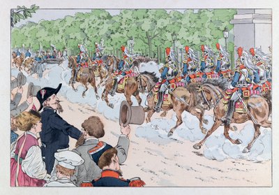 Jacques Marie Gaston Onfray de Breville dit JOB (1858 - 1931); Ilustrace z knihy „Les epees de France“: Doprovod císaře Napoleona 3 na Champs Elysees; Coll, Part od pseudonym for Onfray de Breville Jacques Job