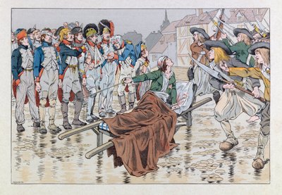 Jacques Marie Gaston Onfray de Breville dit JOB (1858 - 1931); Ilustrace z knihy „Les epees de France“: Markýz de Bonchamps smrtelně zraněn po bitvě u Choletu v roce 1793 zachraňuje republikánské zajatce z rukou chouanů; Coll, Par od pseudonym for Onfray de Breville Jacques Job