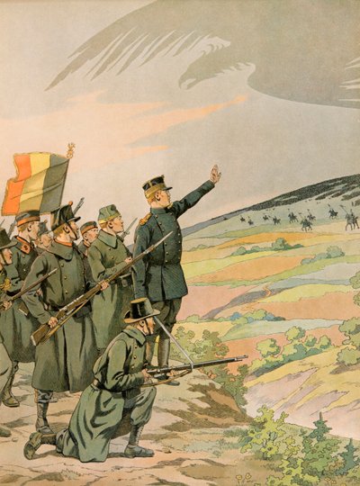 Jacques Marie Gaston Onfroy de Breville dit JOB (1858-1931) - Historie Belgie: Král Albert (1875 - 1934) a belgická armáda čelí německé invazi během první světové války, soukromá sbírka od pseudonym for Onfray de Breville Jacques Job
