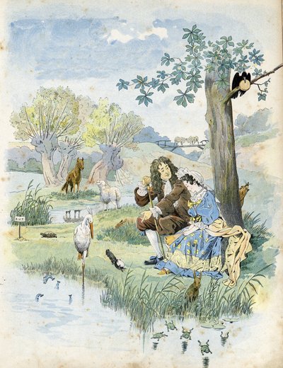 Jean de La Fontaine (Lafontaine) (1621-1695) mluví s mladou dívkou. Kolem nich zvířata přítomná v bájích básníka: vlk, jehně, čáp, želva, krysa, žába, zajíc, liška, havran... ve „“ Francii, jeho příběh vyprávěl G. Montorgueil, imagee by Job““ “ 1896. P od pseudonym for Onfray de Breville Jacques Job