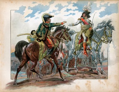 Joachim Murat (1767-1815) a generál Antoine Charles Louis de La Salle (Lasalle) (1775-1809) během bitvy u Heilsbergu v roce 1807. Rytina Jacques Marie Gaston Onfray de Breville dit Job (1858-1931) od pseudonym for Onfray de Breville Jacques Job