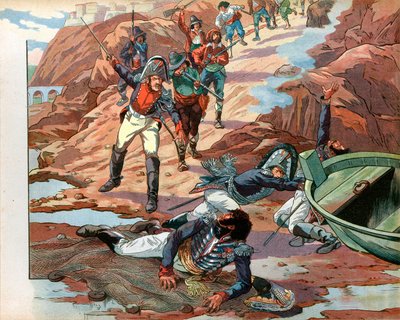 Joachim Murat (1767-1815), dechu král Neapole, zajatý v Pizzo v Kalábrii nepřátelským davem v roce 1815. Rytina Jacques Marie Gaston Onfray de Breville dit Job (1858-1931) od pseudonym for Onfray de Breville Jacques Job