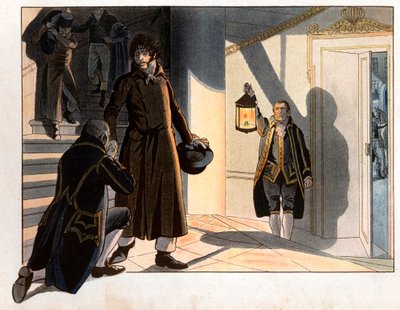 Joachim Murat (1767-1815) uprchl ze svého paláce v Neapoli v noci z 19. na 20. května 1815, aby se po porážce s Rakušany vrátil do Francie. Rytina Jacques Marie Gaston Onfray de Breville dit Job (1858-1931) od pseudonym for Onfray de Breville Jacques Job
