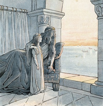 Král Karel Veliký (Karel I. zvaný Karel Veliký, 742-814) pozoruje příchod vikingských drakkarů na Seinu v 9. století. ve „Francii, jeho příběh vyprávěný G. Montorgueilem, vyobrazený Jobem“““ 1896. Soukromá sbírka. od pseudonym for Onfray de Breville Jacques Job