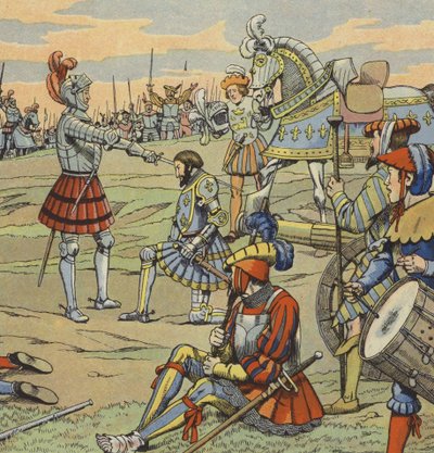 Francouzský král František I. obdržel rytířský titul od Chevalier de Bayard po bitvě u Marignana od pseudonym for Onfray de Breville Jacques Job