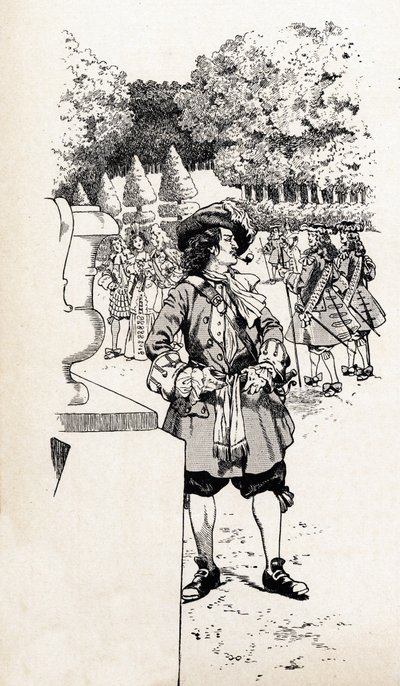 Francouzský král Ludvík XIV. zvaný král Soleil (1638-1715) se svými dvořany v zahradách Versailles. Ilustrace Joba (Jacques Marie Gaston Onfray a Breville) (Jacques-Marie) (1858-1931) pro knihu „Velká historická slova země Francie“ od pseudonym for Onfray de Breville Jacques Job