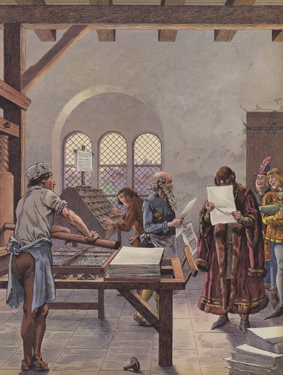 Král Ludvík XI. čte dokument vytištěný na lisu (barevné lito) od pseudonym for Onfray de Breville Jacques Job