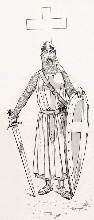Rytíř Ludvíka IX. známý jako Saint Louis (1214-1270) v kostýmu křížové výpravy. Ilustrace Joba (Jacques Marie Gaston Onfray a Breville) (Jacques-Marie) (1858-1931) pro knihu „Les grands mots historique du pays de France““ 1915. Sbírka Privee. od pseudonym for Onfray de Breville Jacques Job