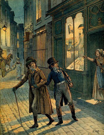 Louis Antoine Fauvelet de Bourrienne (1769-1834) a Napoleon I. Bonaparte (1769-1821) v ulicích Paříže inkognito. Ilustrace Jacques Marie Gaston Onfray de Breville dit JOB (1858-1931). Soukromá sbírka od pseudonym for Onfray de Breville Jacques Job