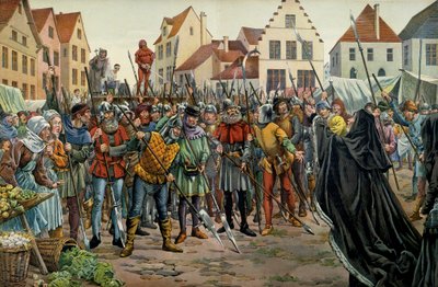 Marie Burgundská (1457-1482), vévodkyně z Burgundska požádala o milost pro své rádce v roce 1477. Ilustrace Jacques Marie Gaston Onfray de Breville dit JOB (1858-1931) v „“Loudvík XI””” od pseudonym for Onfray de Breville Jacques Job