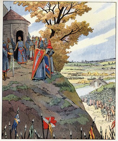 Moji korunu na statečná slova krále Filipa II. řekl Filip August (1165-1223) pánům před vítězstvím v bitvě u Bouvines 27. července od pseudonym for Onfray de Breville Jacques Job