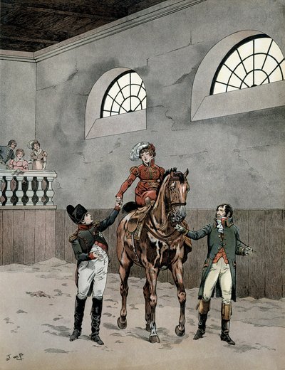Napoleon I. Bonaparte (1729-1821) navštěvoval jezdecké lekce imprese Marie Louise Rakouské (1791-1847). Ve filmu „Napoleon“ od Georgese Montorgueila. Ilustrace Jacques Marie Gaston Onfray de Breville dit JOB (1858-1931) od pseudonym for Onfray de Breville Jacques Job