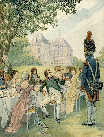 Napoleon I. Bonaparte (1769-1821) během oběda v zahradách zámku Malmaison. Ilustrace Jacques Marie Gaston Onfray de Breville dit JOB (1858-1931). Soukromá sbírka od pseudonym for Onfray de Breville Jacques Job