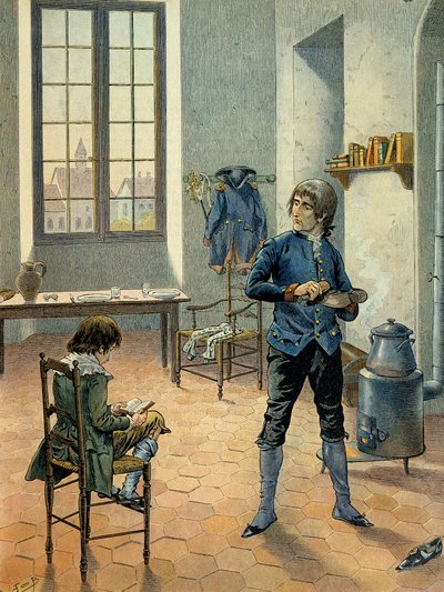 Napoleon I. Bonaparte (1769-1821) v posádce v Auxonne se svým bratrem Louisem Bonapartem (1778-1846) čte v letech 1788 až 1789. Ilustrace Jacques Marie Gaston Onfray de Breville dit JOB (1858-1931) od pseudonym for Onfray de Breville Jacques Job