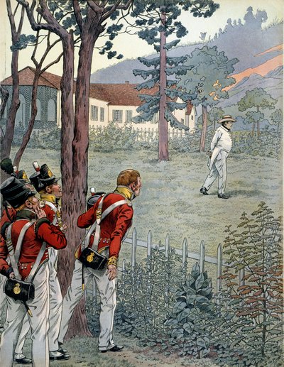 Napoleon I. Bonaparte (1769-1821) pod udiveným pohledem britské armády v zajetí na ostrově Saint Helene (Sainte-Helene) od pseudonym for Onfray de Breville Jacques Job