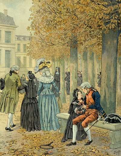 Napoleon I. Bonaparte (1769-1821) navštívil svou sestru Elisu Bonaparte (1777-1820) v královském domě Saint Cyr (Saint-Cyr). Ilustrace Jacques Marie Gaston Onfray de Breville dit JOB (1858-1931) od pseudonym for Onfray de Breville Jacques Job
