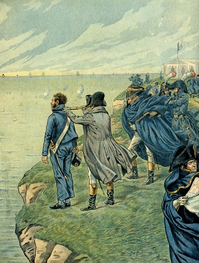 Napoleon I. Bonaparte (1769-1821) navštívil arzenál tábora Boulogne v červenci 1804. Ilustrace Jacques Marie Gaston Onfray de Breville dit JOB (1858-1931). Soukromá sbírka od pseudonym for Onfray de Breville Jacques Job