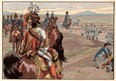 Napoleon I. Bonaparte (1769-1821) s Joachimem Muratem (1767-1815) během kapitulace Ulmu v roce 1805. Rytina Jacques Marie Gaston Onfray de Breville dit Job (1858-1931) od pseudonym for Onfray de Breville Jacques Job
