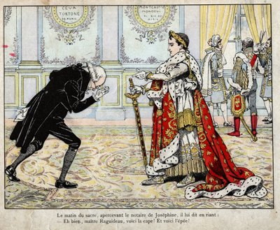 Napoleon a notář Raguideau, ráno korunovace 1804 - litografie Job (Jacques Onfroy de Breville) z „“Le Grand Napoleon des Petites Enfants“““ 1893 od pseudonym for Onfray de Breville Jacques Job