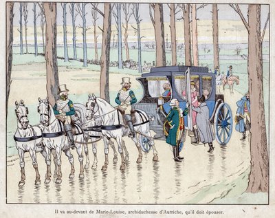Napoleon setkání s arcivévodkyní Marií-Louise Rakouska - 1810 - litografie Job (Jacques Onfroy de Breville) z „“Le Grand Napoleon des Petites Enfants“““ 1893 od pseudonym for Onfray de Breville Jacques Job