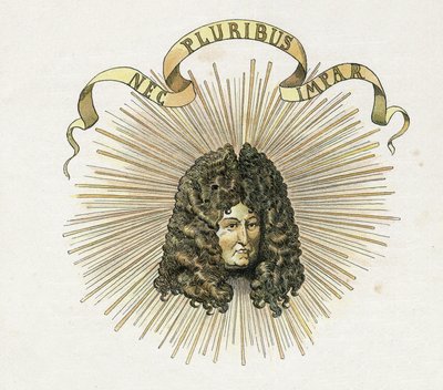 Portrét krále Ludvíka XIV. (1638-1715) s jeho heslem v latině „Nec pluribus impar““ (Žádné jiné podobné). ve „“ Francii, jeho příběh vyprávěl G. Montorgueil, imagee by Job““ 1896. Soukromá sbírka. od pseudonym for Onfray de Breville Jacques Job